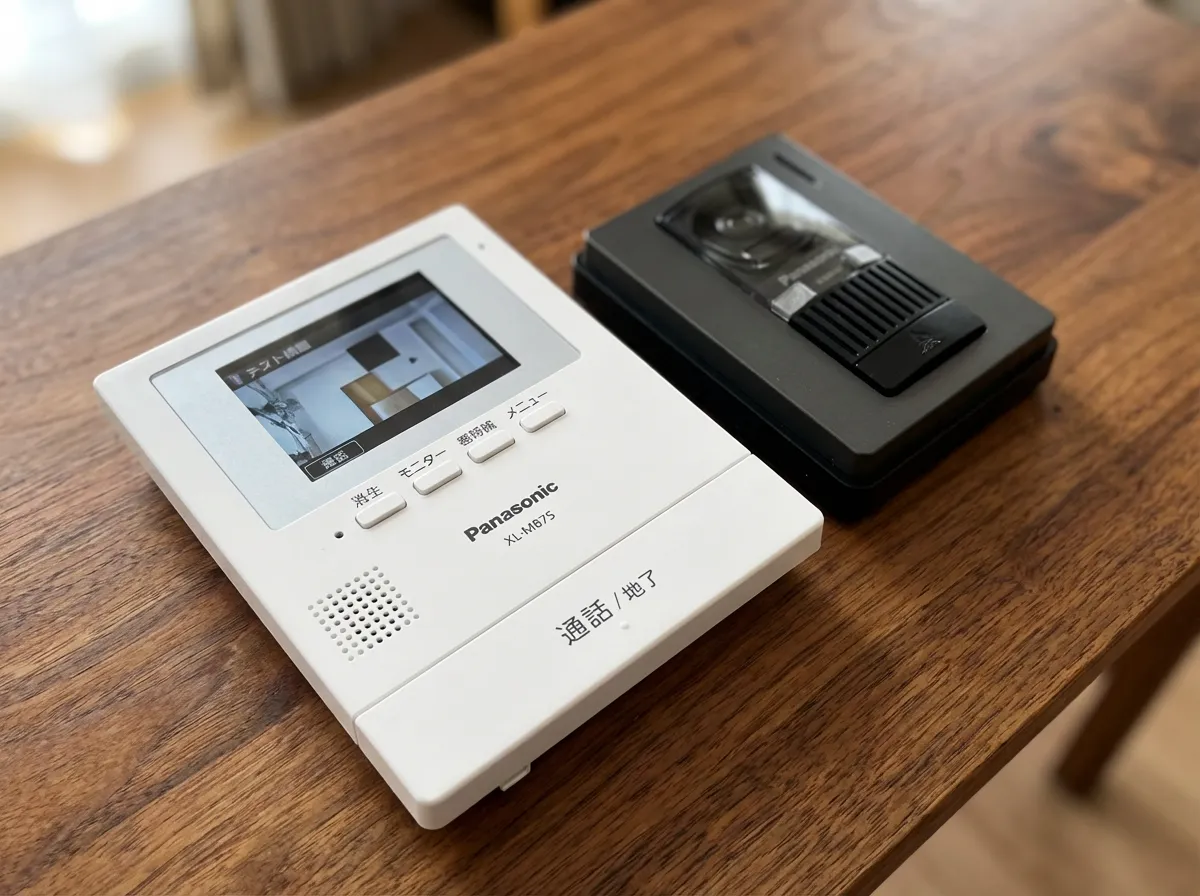 Panasonic製テレビドアホンの室内モニター親機と玄関子機がテーブルに並んでいる様子