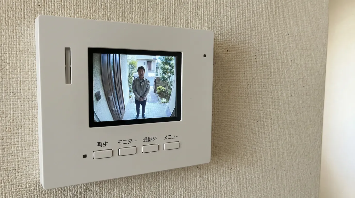 壁に設置されたテレビドアホンのモニターに玄関先の来訪者の男性が映っている様子