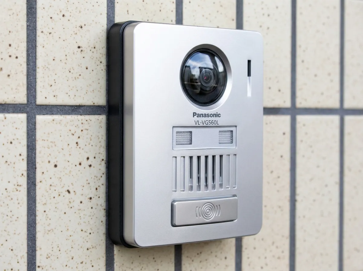 玄関の壁に取り付けられたPanasonic製カメラ付きドアホン玄関子機のアップ
