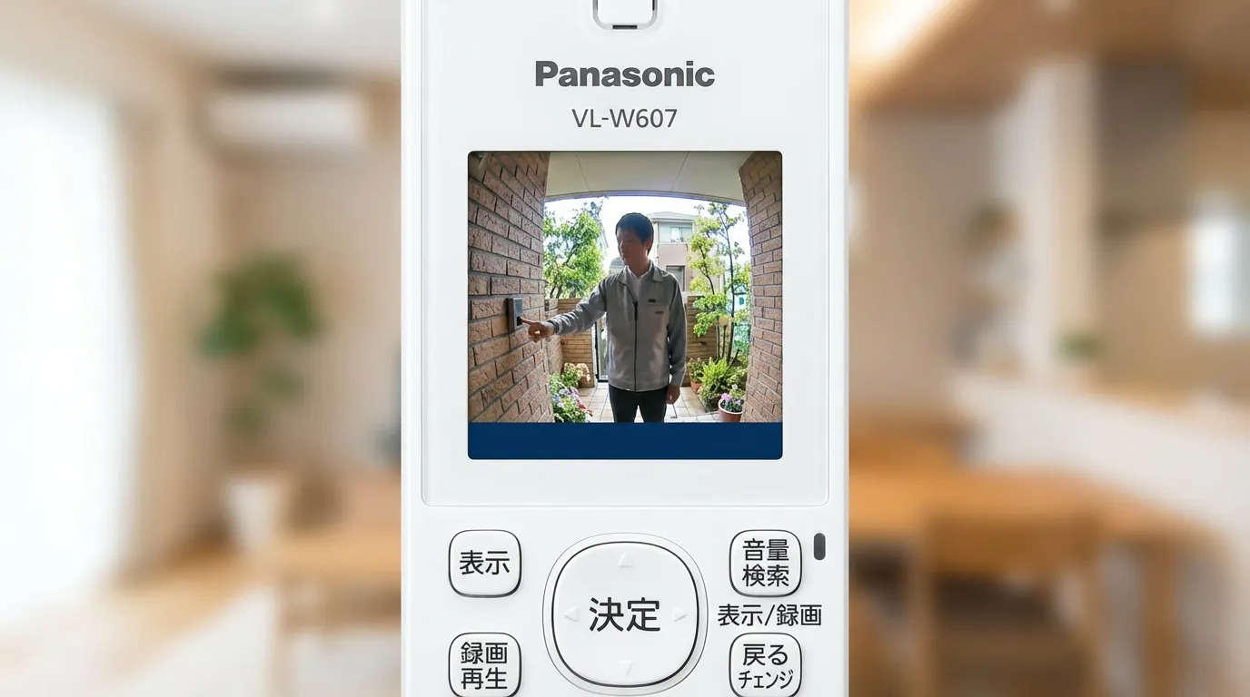Panasonic製ワイヤレスモニター子機の画面に玄関先の来訪者が映っている様子